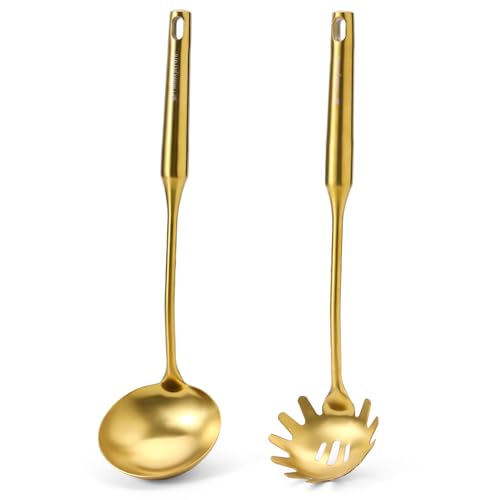 Gold Soup Ladle and Spaghetti Spoon Set - 18/10 Stainless Steel Soup Spoon，Pasta Strainer, 13.8" Kitchen Utensils for Cooking，Stirring, Serving Pasta, Soup & Sauce, Perfect Gifts - size: Gold