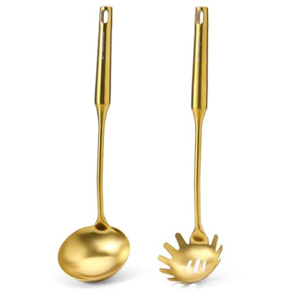 Gold Soup Ladle and Spaghetti Spoon Set - 18/10 Stainless Steel Soup Spoon，Pasta Strainer, 13.8" Kitchen Utensils for Cooking，Stirring, Serving Pasta, Soup & Sauce, Perfect Gifts - size: Gold
