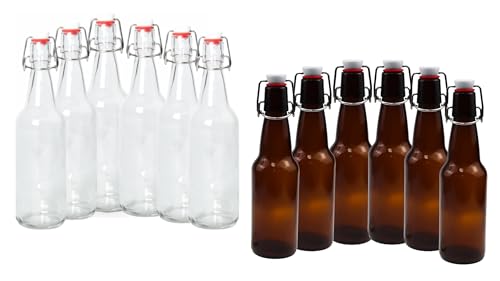 Pack of 12 16-20oz Growlers (6 Clear, 6 Amber) with Flip Top Airtight Silicone Seal for Storage of Home Brewed Beer or Wine and Other Beverages, Oil, Vinegar, Kombucha, Water, Soda, Kefir - color: 6 Clear Growlers & 6 Amber Growlers