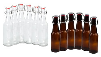 Pack of 12 16-20oz Growlers (6 Clear, 6 Amber) with Flip Top Airtight Silicone Seal for Storage of Home Brewed Beer or Wine and Other Beverages, Oil, Vinegar, Kombucha, Water, Soda, Kefir - color: 6 Clear Growlers & 6 Amber Growlers