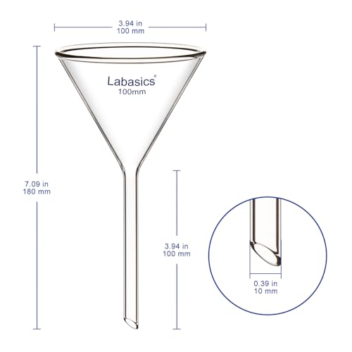 Labasics 2-Pack Glass Heavy Wall Funnel Borosilicate Glass Funnel, Short Stem 100 mm Diameter, 100 mm Stem Length - size: 100 mm Diameter and 100 mm Stem