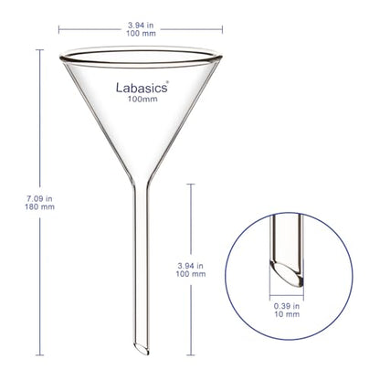 Labasics 2-Pack Glass Heavy Wall Funnel Borosilicate Glass Funnel, Short Stem 100 mm Diameter, 100 mm Stem Length - size: 100 mm Diameter and 100 mm Stem