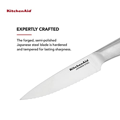 KitchenAid Gourmet Forged Stainless Steel Serrated Utility Knife with Custom-Fit Blade Cover, 5.5-inch, Sharp Kitchen Knife, Brushed Stainless Steel Handle - style: 5.5-Inch Serrated Utility Knife