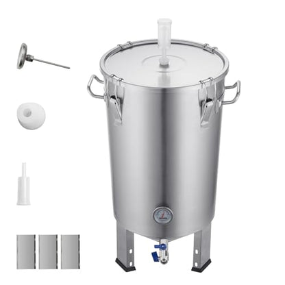 Happybuy 304 Stainless Steel Kettle, 8 Gallon Beer Brew Fermentor, Brew Bucket for Home Brewing Supplies, Includes Lid, Handle, Valve, Spigot, Thermometer, with Base