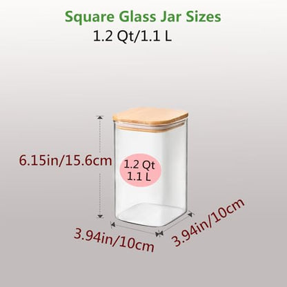 1.2 Qt Square Glass Storage Containers with Lids, glass jar with airtight lid, Glass Canister for Pantry Cookie Flour Cereal Rice Sugar Tea Coffee Beans Spice (Square-4Pack) - size: Square 1.2 Qt -4Pack
