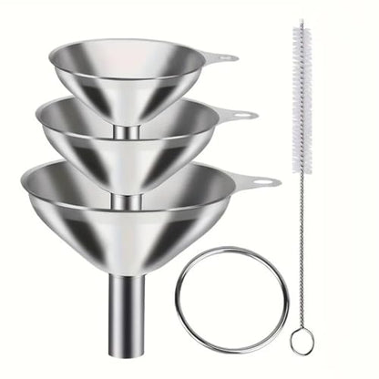Metal Stainless Steel Funnel, Large Medium Small Funnel Set of 3, Food Grade Mini Funnels for Kitchen Use Filling Bottles Flask Cooking, 1 Brushes