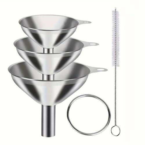 Metal Stainless Steel Funnel, Large Medium Small Funnel Set of 3, Food Grade Mini Funnels for Kitchen Use Filling Bottles Flask Cooking, 1 Brushes