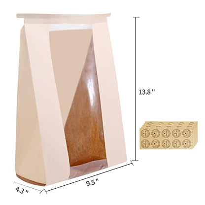 50 Pack Bakery Bags with Window, 13.8 x 9.4 Inch Large Paper Bread Bags for Homemade Bread, Tin Tie Tab Lock Brown Window Bag for Toast, Cookie, Loaf, Candy, Nuts