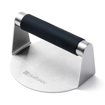 Husfunov Stainless Steel Burger Press, 5.5 Inch Round Smasher,with Anti-Scald Handle,Non-Stick Smooth Hamburger Press,Flat Bottom, for Cooking Burgers, Bacon, Ground Beef, Meats, Sausage and So On - size: 5.5inch-Heat Resistant Handle