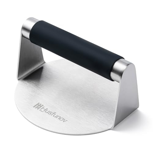 Husfunov Stainless Steel Burger Press, 5.5 Inch Round Smasher,with Anti-Scald Handle,Non-Stick Smooth Hamburger Press,Flat Bottom, for Cooking Burgers, Bacon, Ground Beef, Meats, Sausage and So On - size: 5.5inch-Heat Resistant Handle