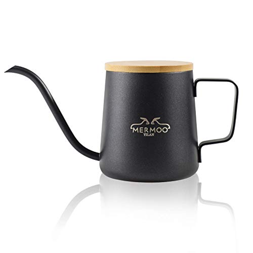 MERMOO YILAN Pour Over Coffee Kettle with Wooden Lid 12oz Coffee Maker | 304 Stainless Steel Coffee Pot |Gooseneck Pouring Kettle|Dishwasher Safe|for Camping,Home,Travel,Office - color: Black