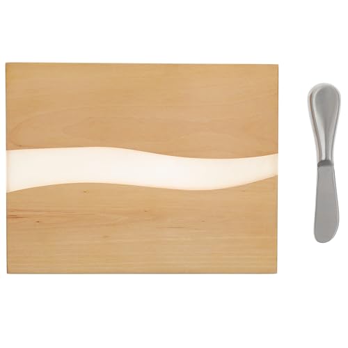 Pavilion Gift Company - Cherish Every Moment With Friends - 9" x 7" Serving Cheese Bread Wooden & Resin Board With Brushed Silver Spreader Knife Set Housewarming Hostess Host Charcuterie Friendship