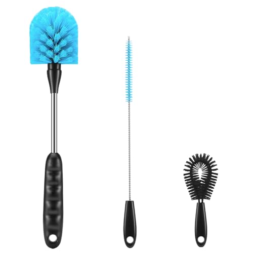 12.2 inch Bottle Brush Set of Three，Washable Coffee Cups, Water Bottles, Baby Bottles, Straws, to-go Cups, Long-Handled 3-in-1 Stainless Steel Bottle Brushes. (Black) - color: Black