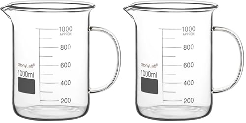 stonylab Glass Beaker with Handle, Borosilicate Glass Graduated Low Form Griffin Beaker with Handle and Pouring Spout, 1000 ml (Pack of 2) - size: 1000 ml (Pack of 2)