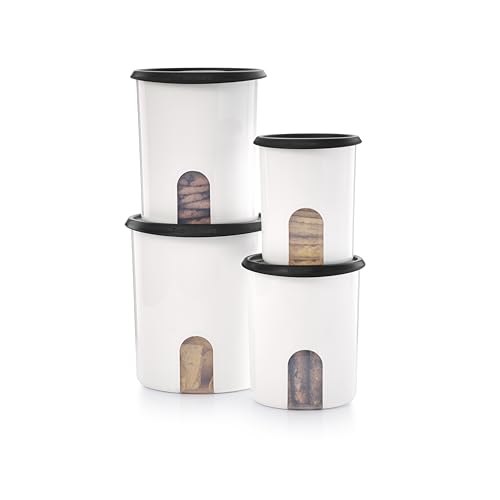 Tupperware One Touch Reminder Canisters 4 Canister Food Storage Set in White & Black, Dishwasher Safe and BPA Free, (4 Containers, 4 Lids) - color: 4 Canister Set - One-Touch White/Black