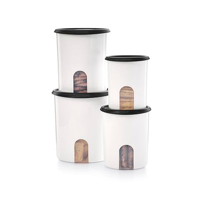 Tupperware One Touch Reminder Canisters 4 Canister Food Storage Set in White & Black, Dishwasher Safe and BPA Free, (4 Containers, 4 Lids) - color: 4 Canister Set - One-Touch White/Black