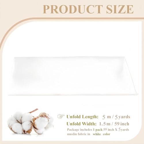 PEASUG 100% Cotton Muslin Fabric,59 inch x 5 Yards Bleached Muslin Fabric by The Yard, Medium Weight Draping Fabrics Suitable for Sewing Embroidery, Garments, Crafts Material-White - color: Bleached, size: 5 Yards