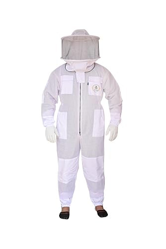 3 Layer Bee Suit with Fencing Veil and Round Veil One Pair Gloves Sting Proof Ventilated Beekeeping Suit, 2 Veils - color: White, size: Large