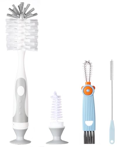 Ariseno 4-in-1 Baby Bottle Brush Set - Including Brushes for Bottles, Straws, Caps, & Nipples - BPA-Free (Grey) - color: Gray-nylon