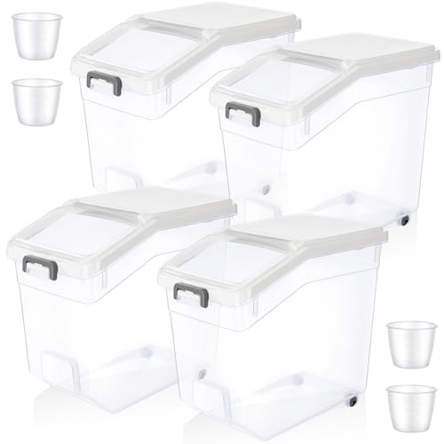 Sunnyray 4 Pcs Rice Storage Container 38 lb Flour Container with Wheels Measuring Cup Clear Pet Food Bin Dog Birds Cat Food Bin Grain Cereal Organizer Box for Dry Baking Supplies(White Lid) - color: White Lid, size: 38 lb