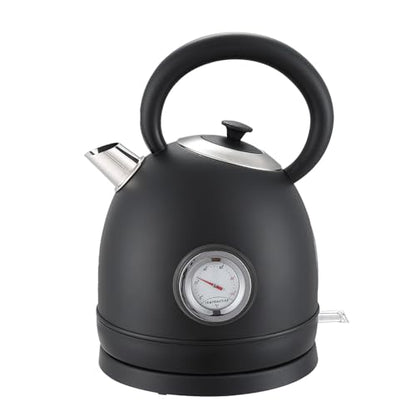 1.7L(57oz) Retro Electric Water Kettle, 1500W 304 Stainless Steel Temperature Control Tea Pot, Cordless LED, Built-in Thermometer, Auto Shut-Off & Boil Dry Protection - color: Black
