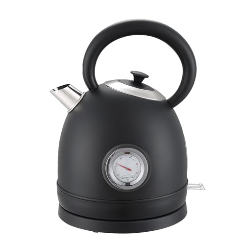 1.7L(57oz) Retro Electric Water Kettle, 1500W 304 Stainless Steel Temperature Control Tea Pot, Cordless LED, Built-in Thermometer, Auto Shut-Off & Boil Dry Protection - color: Black
