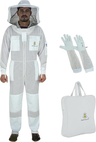 3-Layer Ultra Ventilated Mesh Beekeeping Suit for Men & Women with Veil Sting-Proof Bee Suit with Leather Gloves & Bag - color: Off-white, size: Large