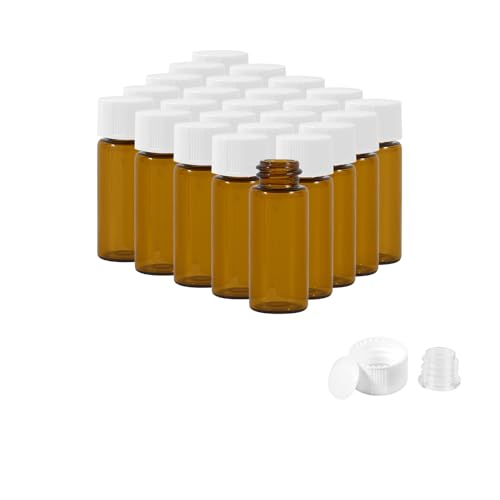25PCS 10ml Amber Glass Vials with White Screw Caps and Plastic Stoppers, Leak-Proof Small Liquid Sample Bottles for Essential Oils, Perfumes, Reagents - color: AMBER, size: 10ml