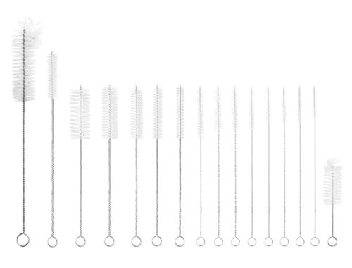16 Pieces Bottle Brush Set, Nylon Bottle Brush with Flexible Stainless Steel Handle, Small and Long Handle Brush for Washing Narrow Neck Bottle, Straw, Pipes, Cup, Tube, Sink (White) - color: White