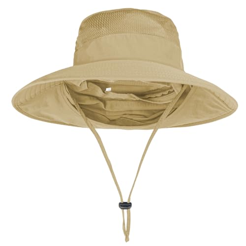 Sun Hats for Men Women Fishing Hat UPF 50+ Breathable Wide Brim Bucket Hats Summer UV Protection Safari Hat with Neck Flap - color: Khaki