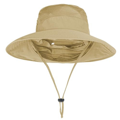 Sun Hats for Men Women Fishing Hat UPF 50+ Breathable Wide Brim Bucket Hats Summer UV Protection Safari Hat with Neck Flap - color: Khaki