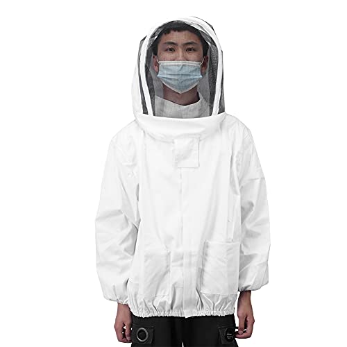 Professional Beekeeping Jacket with Ventilated Veil Double Zipper Design Protective Bee Suit Smock for Apiary Work Beekeepers White Gray Poly Cotton Blend Adjustable Fit Dur (White) - color: White