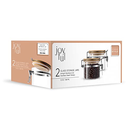 JoyJolt Glass Jars With Bamboo Lids (12 fl oz). 2PC Set of Airtight Storage Jars with Clamp Lids for Pantry Food Storage. Air Tight Sealable Glass Canisters Containers for Kitchen Organization