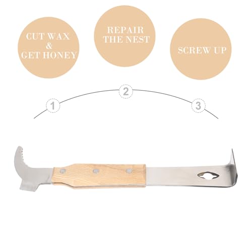 Beaupretty Multi-Functional Stainless Steel Beehive Scraper and Hive Frame Lifter with Wooden Handle, Thickened Beekeeping Cleaning Tool for Professional Hive Maintenance