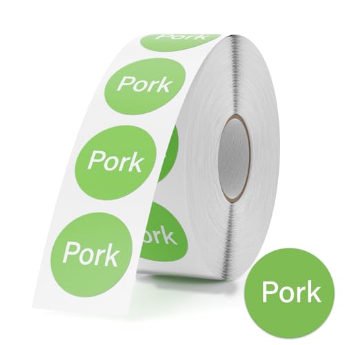 1000 Pcs Pork Food Labels 1 Inch, Vinyl Green Round Food Stickers Waterproof Oil Proof Adhesive Roll for Deli Sandwich Shop BBQ Catering Restaurant