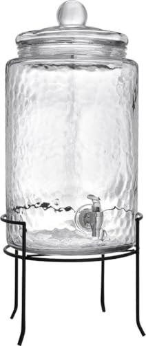 3 Gallon Glass Drink Dispenser with Metal Stand & Lid – Hammered Beverage Dispenser with Leakproof Spigot, Wide Mouth for Easy Fill – Ideal for Parties, Lemonade, Iced Tea, Sangria & More - color: Clear-3 Gallon