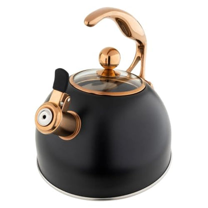 Viking 3-Ply Stainless Steel Tea Kettle, 2.6 Quart Stovetop Hot Water Pot with Tempered Glass Lid, Ergonomic Handle, Induction Ready, Matte Black and Copper - color: Matte Black and Copper