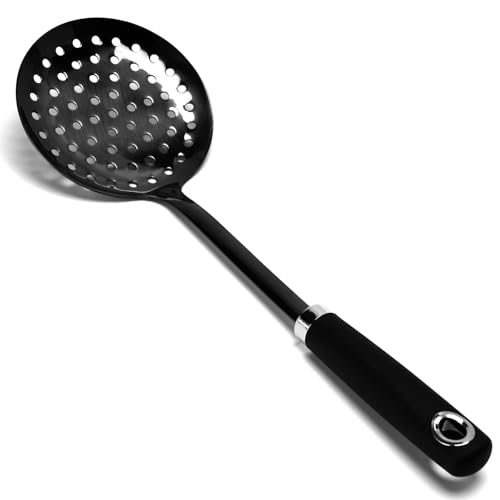 Black Stainless Steel Skimmer Spoon, Metal Slotted Spoon Strainer for Frying, Pasta, Vegetables, Dumplings, Wontons, Long Handle, Dishwasher Safe - color: Z-Black Skimmer