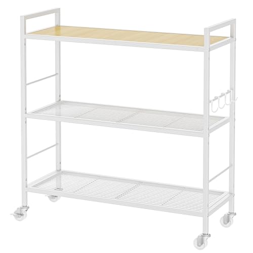 3-Tier Metal Storage Rack with Industrial Wheels,Mesh Shelving Unit with Wooden Table top,Adjustable Shelf,31.5-Inch Width, for Kitchen, Laundry,Pantry,Plant,Oak panel and white frame - color: Oak Panel, size: 3 Tier (31.5"W x 11.8"D)
