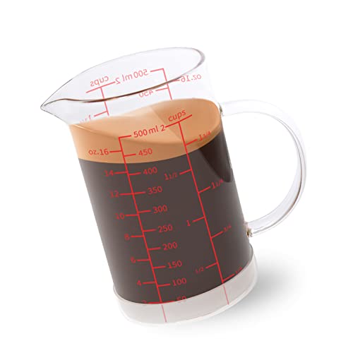 Newness Glass Measuring Cup with Handle, 500 ML (0.5 Liter, 2 Cup) Double-Sided Scale Measuring Cup with Three Scales (OZ, Cup, ML/CC) and V-Shaped Spout, Measuring Beaker for Kitchen or Restaurant - color: Red Measuring Scale, size: 500 ML (2 Cup)