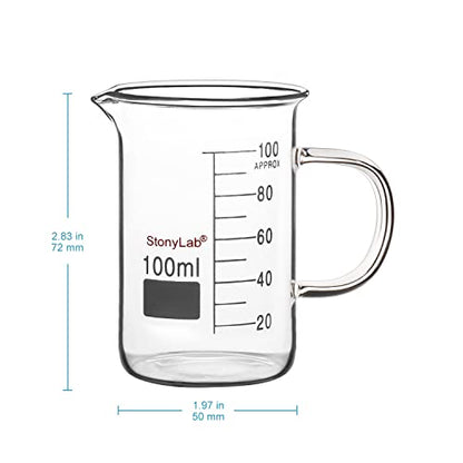 stonylab Glass Beaker with Handle, Borosilicate Glass Graduated Low Form Griffin Beaker with Handle and Pouring Spout, 100 ml (Pack of 2) - size: 100 ml (Pack of 2)