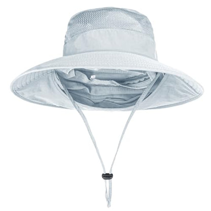 Sun Hats for Men Women Fishing Hat UPF 50+ Breathable Wide Brim Bucket Hats Summer UV Protection Safari Hat with Neck Flap - color: Light Grey