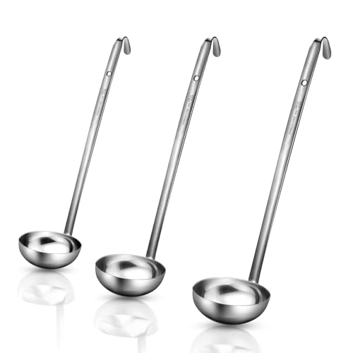 meekoo 3 Pieces Stainless Steel Ladle Soup Handle Ladle with Pouring Rim for Kitchen Cooking Soup Sauce (8 oz) - size: 8 oz