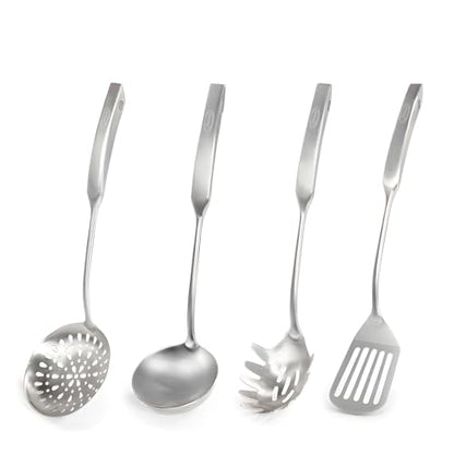 Newness 4 Pcs Cooking Utensils Set, 304 Stainless Steel Kitchen Utensils Set, Metal Kitchen Accessories, Include Soup Ladle, Slotted Skimmer Spoon, Spaghetti Spoon and Spatula, Dishwasher Safe - size: 4 PCS Cooking Utensils Set
