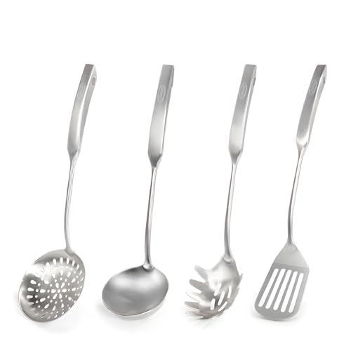 Newness 4 Pcs Cooking Utensils Set, 304 Stainless Steel Kitchen Utensils Set, Metal Kitchen Accessories, Include Soup Ladle, Slotted Skimmer Spoon, Spaghetti Spoon and Spatula, Dishwasher Safe - size: 4 PCS Cooking Utensils Set