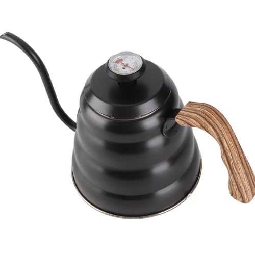 Gooseneck Coffee Kettle, Precision Pouring Brewing Pot for Home Kitchen Stainless Steel Black 1.2L with Thermometer Wood Handle
