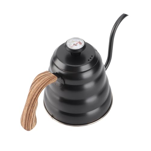 Gooseneck Coffee Kettle, Precision Pouring Brewing Pot for Home Kitchen Stainless Steel Black 1.2L with Thermometer Wood Handle