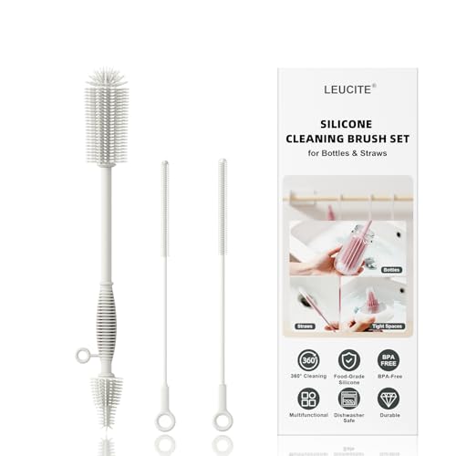Silicone Cleaning Brush Kit,Water Bottle and Straw Cleaner Brush Set for Tumbler,Baby Bottle,Breast Pump Part,Nipple,Sippy Cup,Glass,Dishwasher Safe,BPA Free,3 Pcs - color: Cream-colored