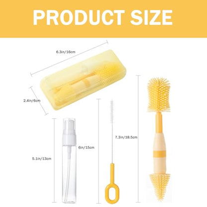 Travel Bottle Brush, 6-in-1 Portable Travel Bottle Cleaner Kit with Small Bottle Brush Built in Drying Rack, Nipple Brush, Straw Brush, Soap Dispenser, for Baby Bottles Under 8 OZ, BPA-Free(Yellow) - color: Yellow