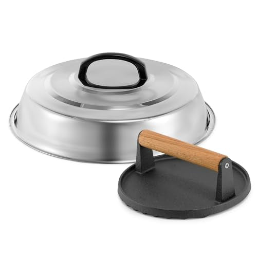 BBQ Accessories 12 Inch Round Stainless Steel Basting Cover - Cheese Melting Dome Round Cast Iron Grill Press Kit for Hamburger Bacon Steak, Best fits for Blackstone Camp Chef Flat Top Griddle Grill - color: Round Press